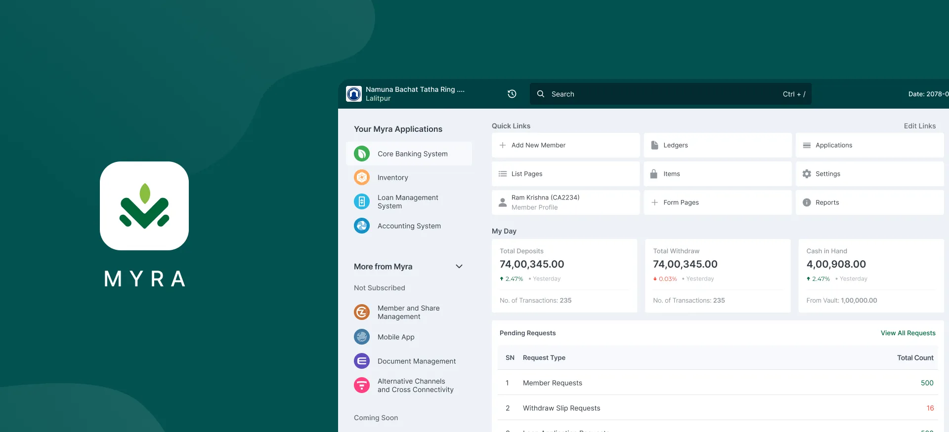 MYRA application hub with core banking dashboard