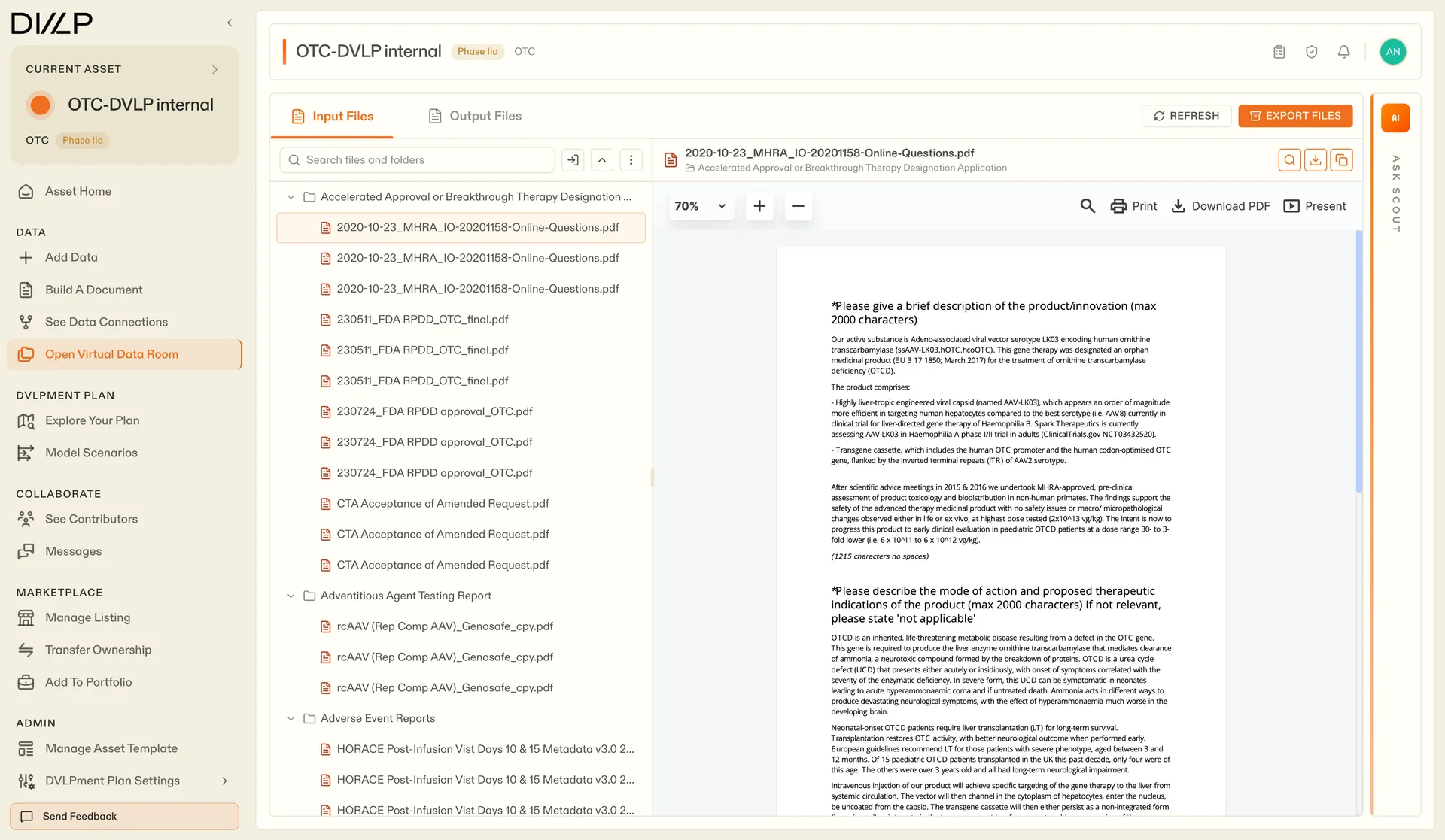 DVLP virtual data room with document viewer