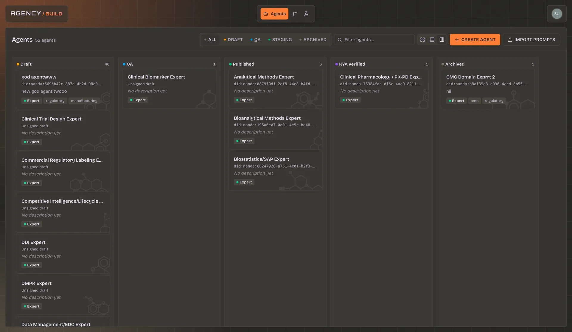 VIDI agents kanban in dark mode